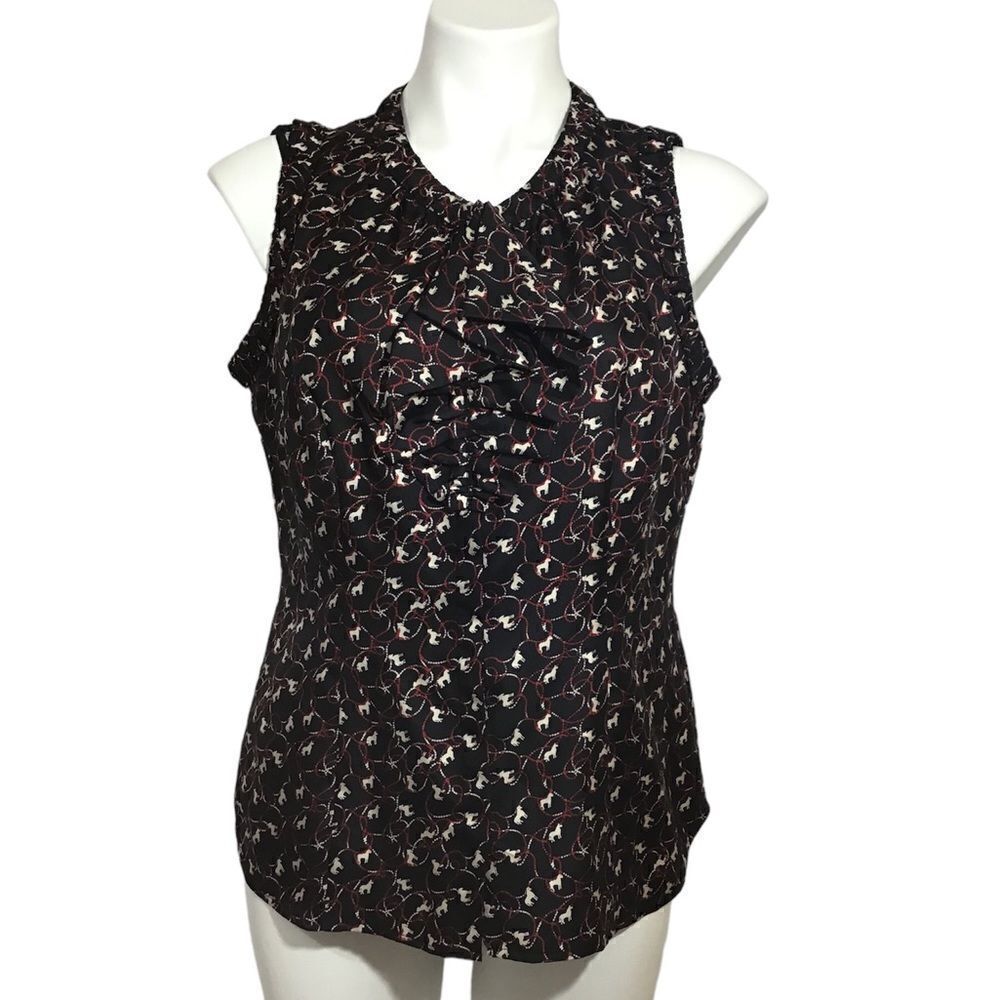 Etcetera Black Silk Sleeveless Equestrian Print Blouse Size 8